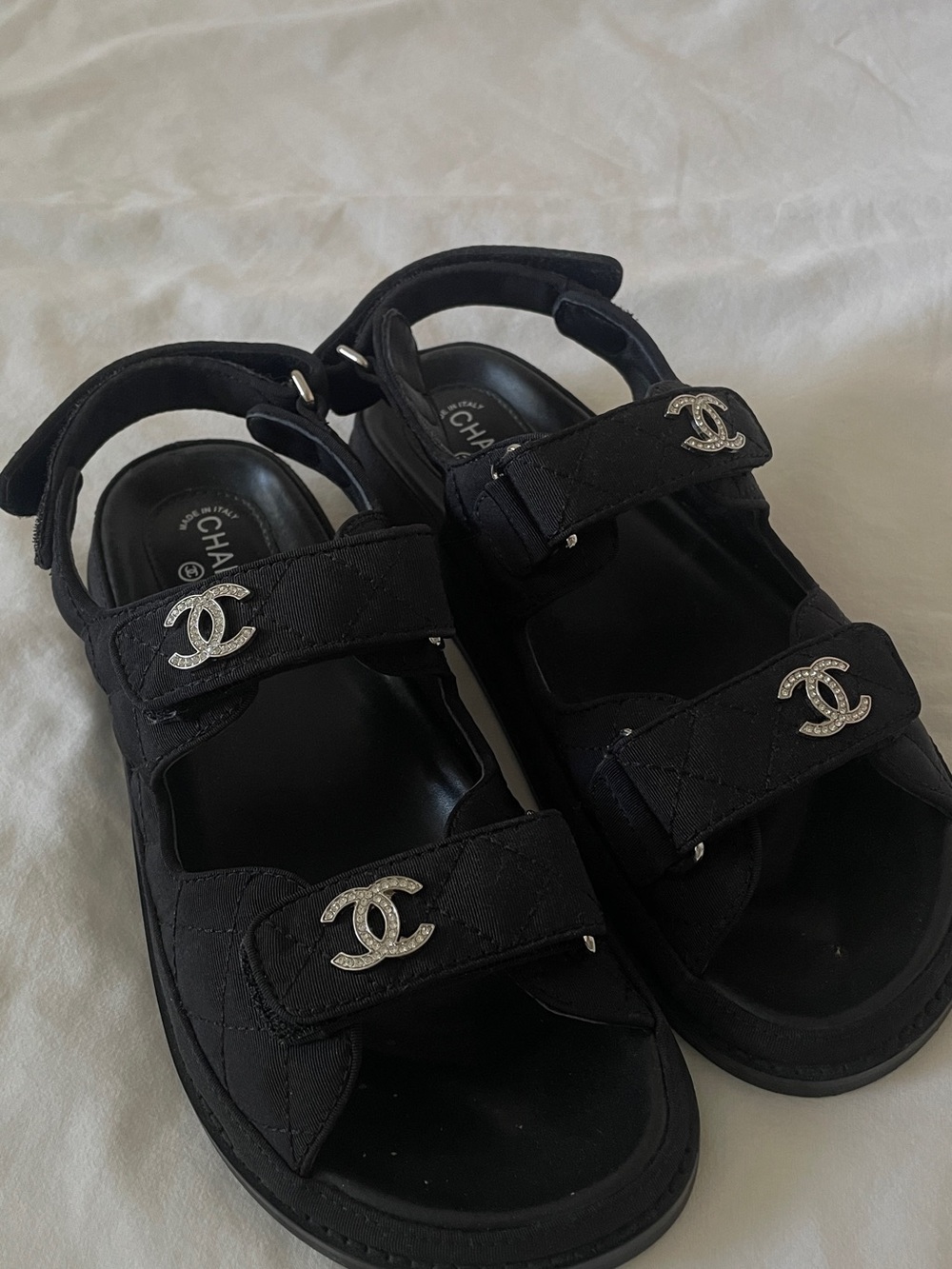 CHANEL Black Quilted Kids Sandals with Silver CC Hardware